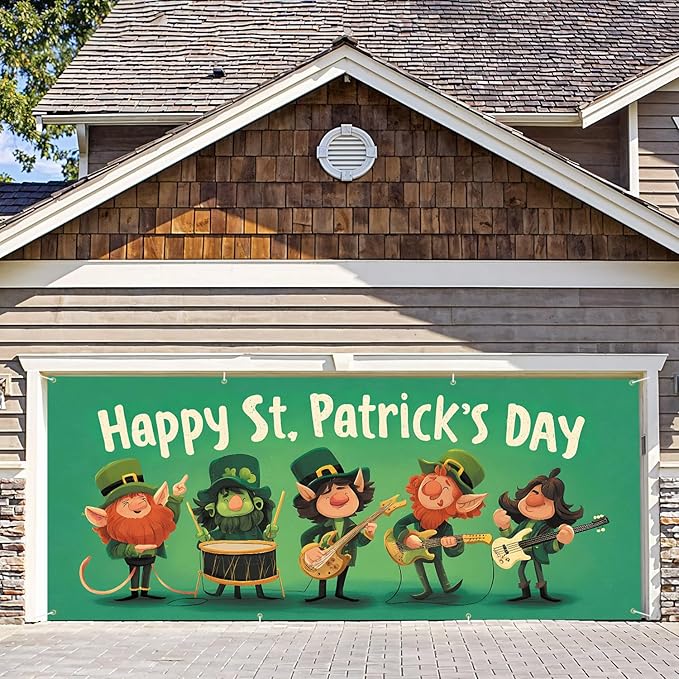 7 * 16FT Summer Garage Door Cover Decorations Sunset Palm Trees Garage Door Banner for Outdoor Indoor Summer Party Photography Backdrop (Happy St. Patrick's Day, 6 * 13 ft)