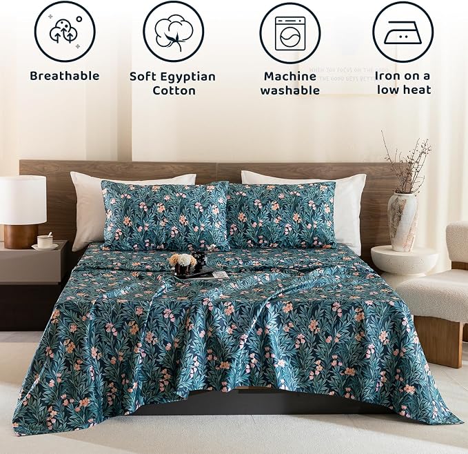 QSH Floral Egyptian Cotton Sheets King Size - Floral Bedding Sheets Botanical Pattern Printed Bedding King Size Bed Sheets 17.5" Extra Deep Pocket 4pcs
