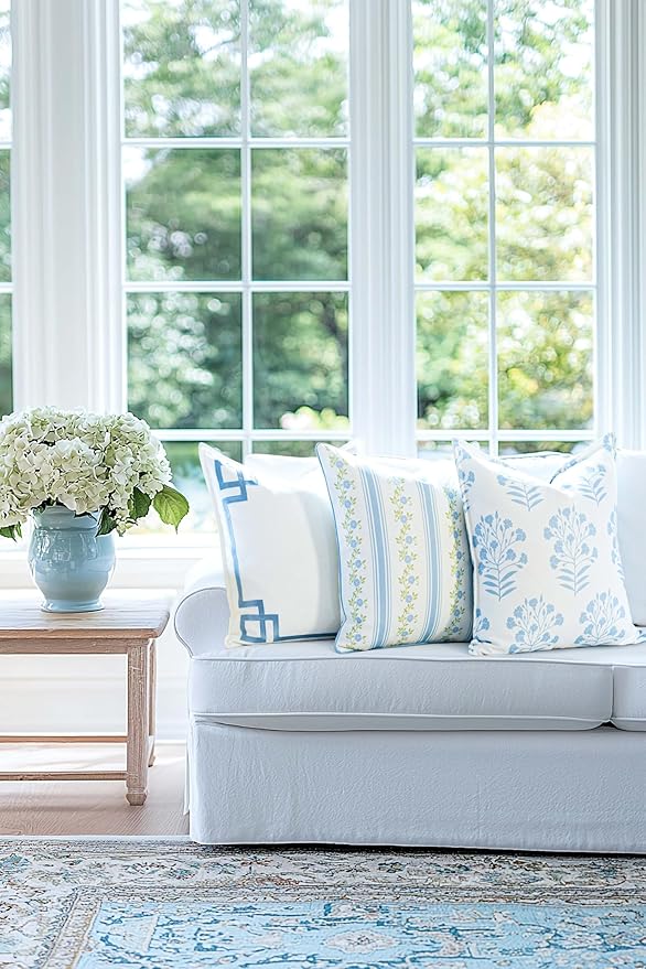 Hofdeco Premium Coastal Patio Indoor Outdoor Throw Pillow Cover Only, 20"x20" Water Repellent for Backyard, Couch, Baby Blue Print Floral