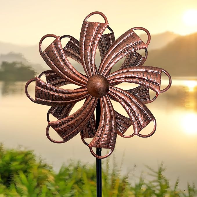 Wind Spinners Outdoor, Copper Flower Double-Sided 360° Wind Spinner with Stake, Metal Garden Yard Decor (12.3" Dia x 54" H)