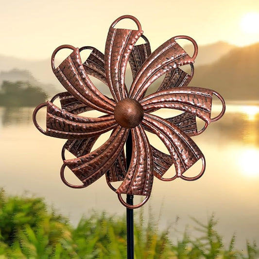 Wind Spinners Outdoor, Copper Flower Double-Sided 360° Wind Spinner with Stake, Metal Garden Yard Decor (12.3" Dia x 54" H)