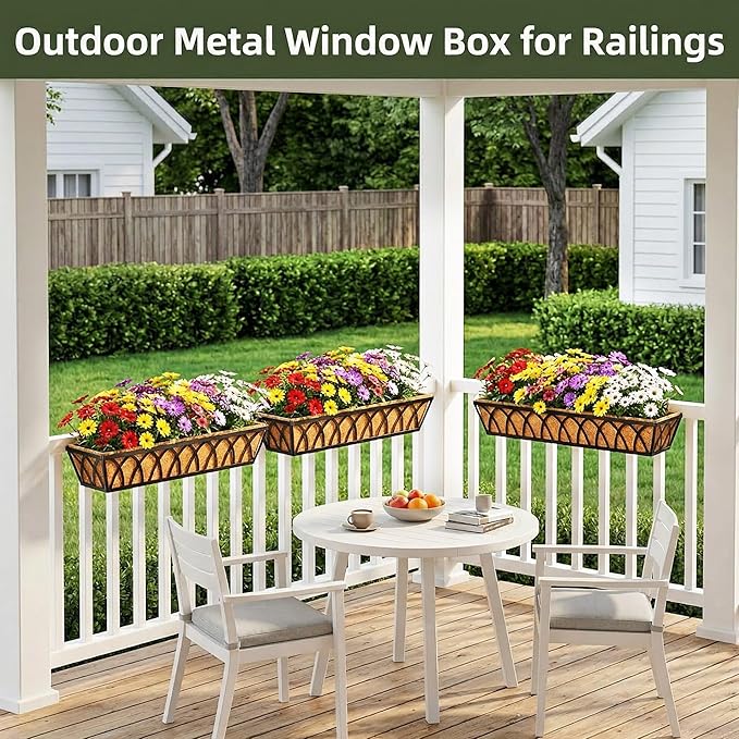 30 Inch 4 Pack Railing Planter with Adjustable Brackets, Window Box with Coco Liner, Hanging Metal Flower Box for Balcony Deck Fence Porch, Black