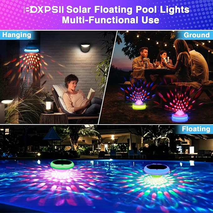 BOXPSII Solar Floating Pool Lights(2 Pack), Rechargeable Pool Lights that Float with Remote, 6.7'' 2600mAh IP68 Waterproof Floating Light 13 Colors Upper and Lower Glow Solar Light for Pools