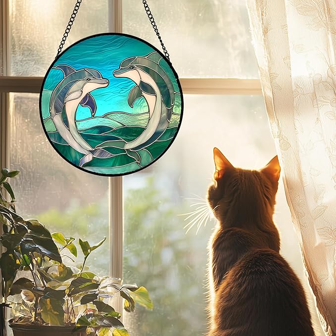 DASTOLL Stained Glass Window Hanging 4 Pcs Set Cyan Ocean Life Theme Large 15" - Sea Starfish Suncatcher Door Garden Sun Catcher Decor Birthday for Mom Woman Nana Men Friend