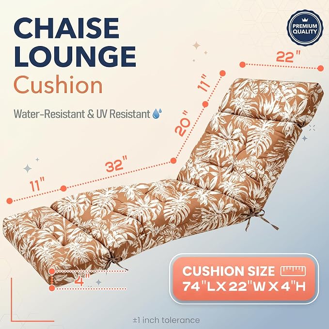 MAGIC ELEPHANT Chaise Lounge Cushion Outdoor, Memory Foam Patio Lounge Chair Cushion with Ties for Outdoor Furniture, 74 x 22 x 4 Inch (Rust Orange Monstera)