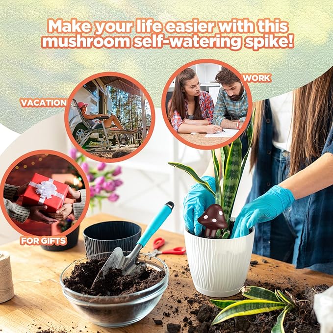 Funnymoom 8 Pack Terracotta Self Watering Spikes Mushroom Shaped Plant Watering Globes Automatic Planter Insert Stakes Device for Indoor Outdoor Plants