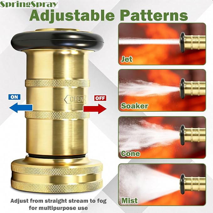 2" NPSH/NPT Brass Fire Hose Nozzle, Heavy Duty Adjustable Spray Jet Fog Nozzle, Constant Flow Industrial Firefighter Nozzle, 108 GPM, 100 PSI