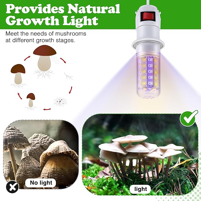 Meonum 2 Pack LED Mushroom Grow Light, Dual Spectrum Grow Light with 4.9 ft Extension Cord, 360° Hanging Mushroom Growing Lamp with White Blue LEDs for Indoor Plants
