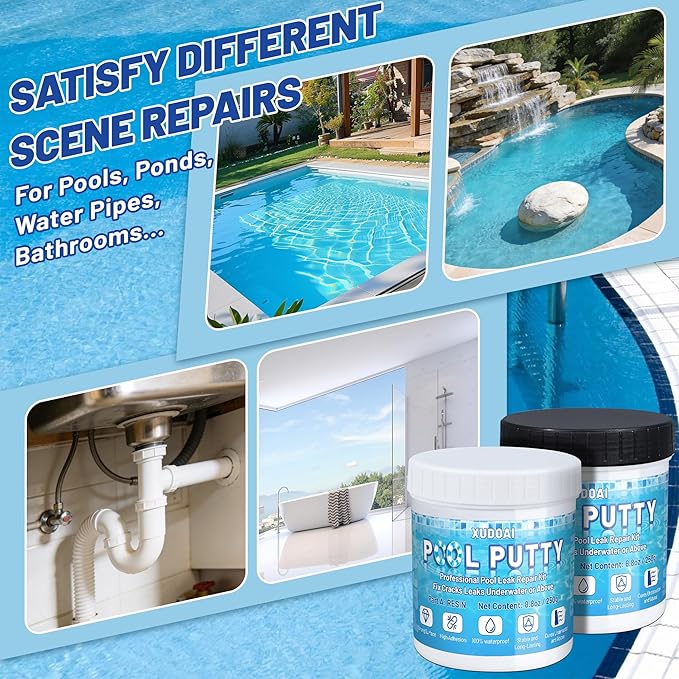 Pool Putty, 17.6oz/500g 2 Part Epoxy Pool Putty for Underwater or Above-Water Crack Leak Filling and Repair, Sealing and Repair of Holes and Damage in Fiberglass, Concrete and Tile Surfaces (White)