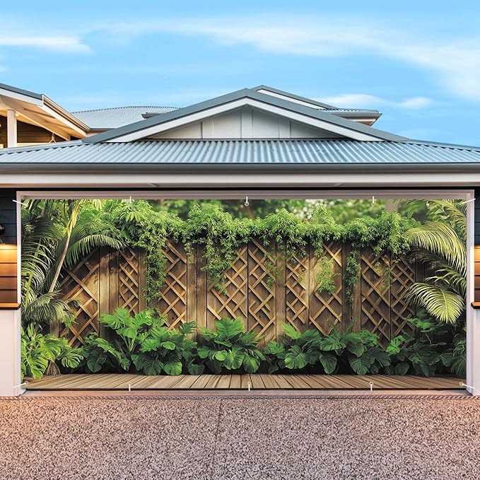 7 * 16FT Summer Spring Fence Garage Door Cover Decorations Sunset Palm Trees Garage Door Banner for Outdoor Indoor Summer Party Photography Backdrop