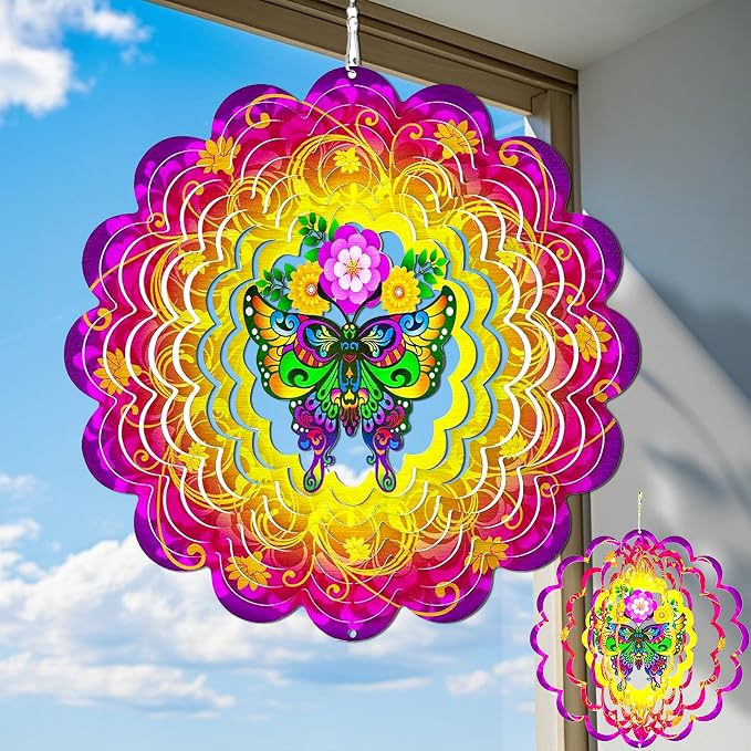 Wind Spinners Outdoor, 12 Inch Metal Wind Spinner Yard Art, Colorful Windmill for Yard and Garden Lawn Patio Farmhouse Decor (Butterfly)