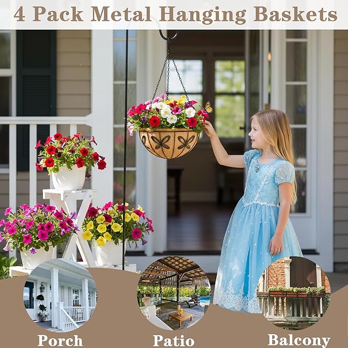 EIMQUVW Outdoor Metal Hanging Planters Basket (4pack, 12 inch) Hanging Baskets for Plants Chain Round Wire Plant Holder with Coco Fiber Liners for Garden, Patio, Deck, Porch(Butterfly)