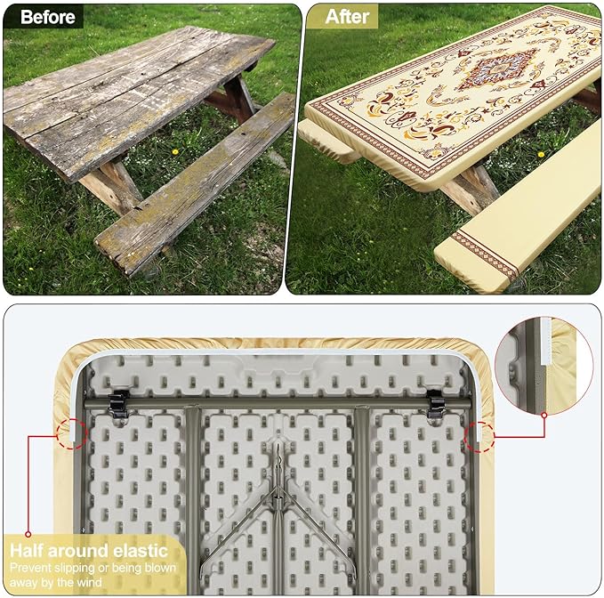 Picnic Table Cover with Bench Covers Camping Essentials Waterproof Windproof Camping Tablecloth with Drawstring Bag, Fitted Rectangle Tables and Seats, 72in, Light Brown