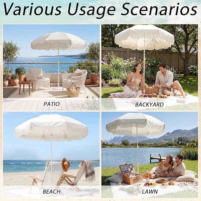 6.5 Ft Fringe Patio Umbrella and 71"x 91" Extra Large White Picnic Blanket UPF50+ Outdoor Tassels Ruffles Beach Umbrella with Steel Pole for Camping Patio Lawn Beach Park