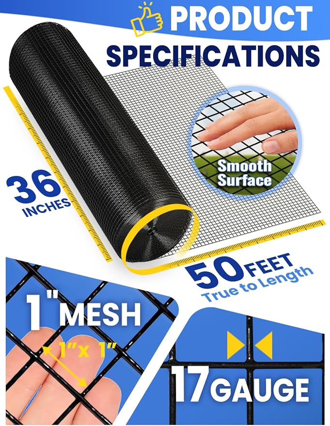 Black PVC Coated Hardware Cloth 1 in x 1 in Mesh, 36 Inch x 50 Foot Roll, 17 Gauge Welded Wire Fencing, Vinyl Coated Metal Wire Mesh for Chicken Coop, Garden Protection, Rabbit Cage, Poultry Netting