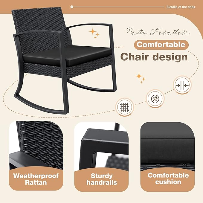 Greesum 3 Pieces Outdoor Furniture Set Patio Bistro Rocking Chairs with Glass Coffee Table for Pool Beach Backyard Balcony Porch Deck Garden, Dark Black