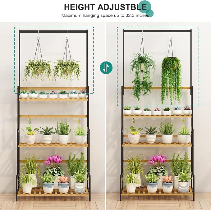 Ufine Bamboo Hanging Plant Stand 3 Tier Ladder Shelf with Hanging Rod | Height Adjustable Flower Pot Display Organizer for Balcony Porch Living Room