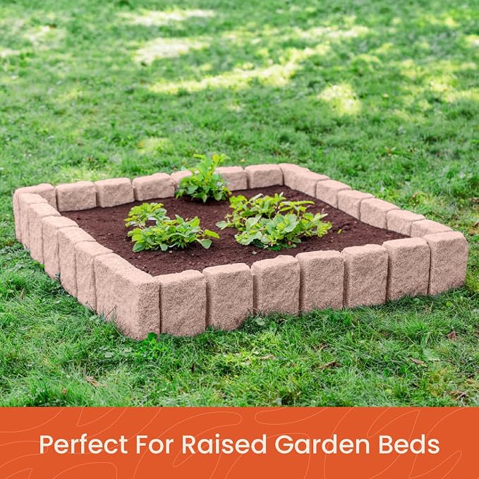 Beuta Landscape Edging | Garden Edging Border | Faux Stone Block XL for Lawn Edging, Flower Beds & Yard Edging – 4 Pack | Each Section Has 6 Blocks 48" L x 4" W x 9.5" H | 12 Spikes | Sandstone