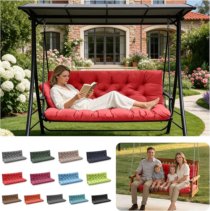 Porch Swing Cushions, Outdoor Swing Replacement Cushions 3 Seater with Backrest, Waterproof Bench Cushion with Ties,for Patio,Porch, Garden,Backyard