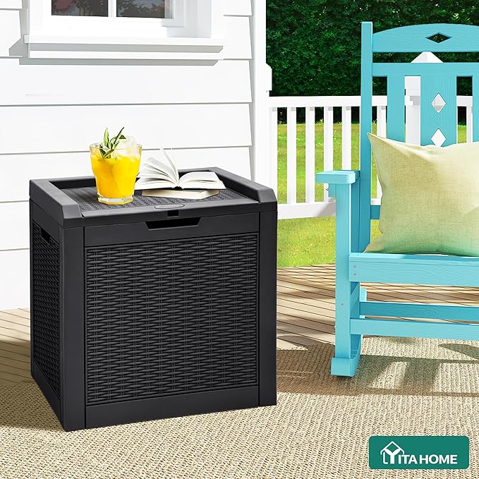 YITAHOME 32 Gallon Rattan Deck Box,Indoor Outdoor Storage Box for Patio Furniture,Pool Accessories, Cushions,Garden Tools, Sports Equipment, Waterproof Resin with Lockable Lid and Side Handles (Black)