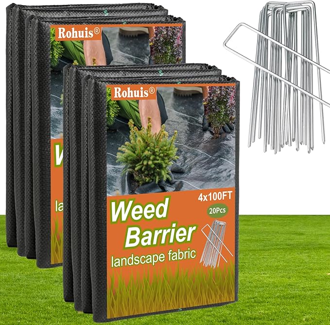 Rohuis 4ft x 100ft Weed Barrier Landscape Fabric, 3.2OZ Heavy Duty Woven Ground Cover for Garden, Weed Control Mat for Gardening Driveway Landscaping, Garden Black Tarp with 20 U-Shaped Securing Pegs