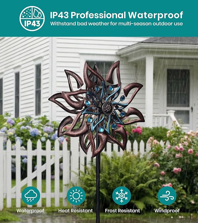 Dahlia Wind Spinner Metal Kinetic Garden Yard Windmill Outdoor Decor | Hand-Crafted Art, Copper & teal dahlia metal spinner, Whisper-quiet dual rotation, Stable ground stake