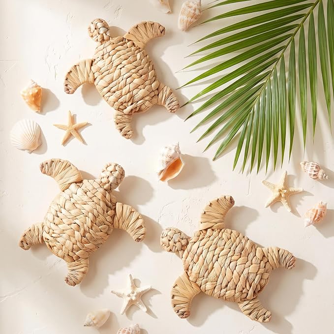 Threehoney 3 Pcs Sea Turtle Beach Theme Decor 3 Size Handmade Wicker Turtle Wall Decor Sea Life Hanging Wall Art Coastal Nautical Sculpture Table Decoration for Boho Bathroom Indoor Outdoor Ornament