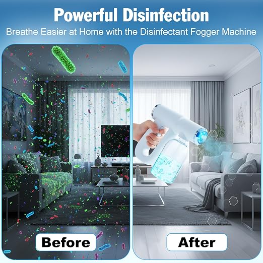 Cordless Disinfectant Fogger Machine with 300ML Tank - 1.5–2M Coverage Portable Barber Spray Gun with 5500 RPM Motor Blue-Light, 1500mAh Battery 55 Minutes Runtime - Handheld Fogger for Home Business