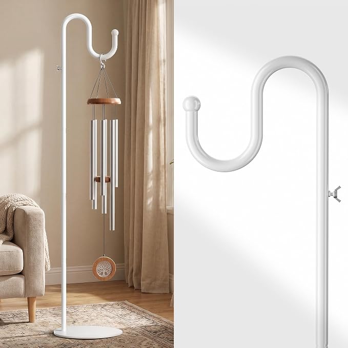 74" Shepherds Hook Stand, Adjustable Wind Chime Stand with Heavy Duty Base, Free Standing Plant Hanger Pole for Bird Feeders, Lanterns, Wreaths & Plants, Indoor Outdoor, Holds Up to 20 LBS, White