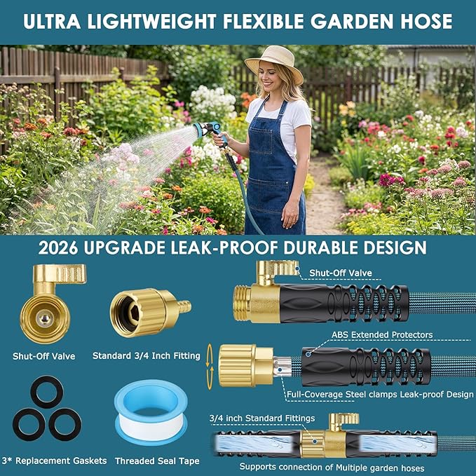 FlexiSolve NON-EXPANDABLE Garden Hose 50 ft, Ultra Lightweight Flexible Water Hose with 10-Pattern Nozzle & Shut-Off Valve, Holder, Leakproof & Kink-Resistant Reinforced Fittings for Yard Outdoor