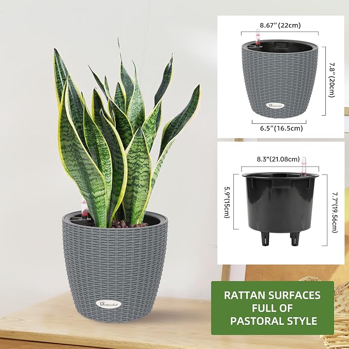 Dexceder 9x8 Self Watering Planter (Deep Gray Rattan) | Inner Pot Design, Thickened Table Flower Plant Pot with Water Level Indicator Indoor Outdoor