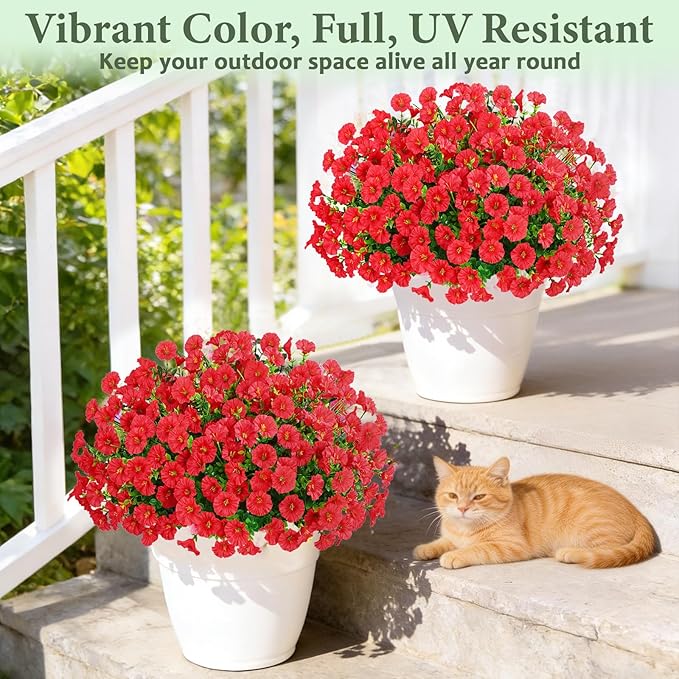 Yastouay Artificial Flowers for Outdoors, 26 Bundles Fake Outdoor Flowers, UV Resistant Artificial Plants & Flowers for Decoration, Red Realistic Morning Glory for Outdoor Porch Garden Decoration
