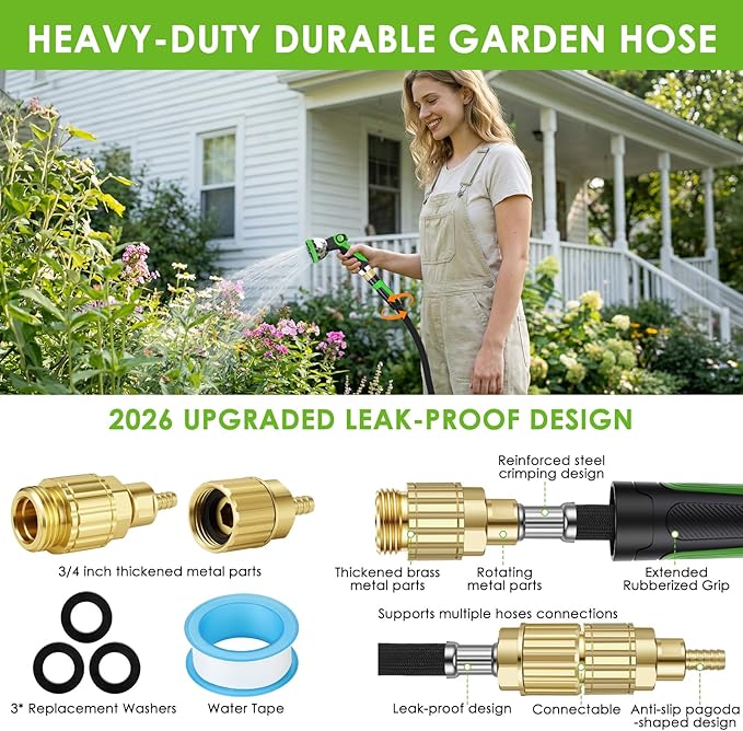Non-Expanding Garden Hose 150 ft, Lightweight Hose & Flexible Water Hose With 10-Pattern Spray Nozzle, Kink-Free Design, Durable Leakproof Yard Outdoor Hose, Portable Storage Strap, 150 Feet