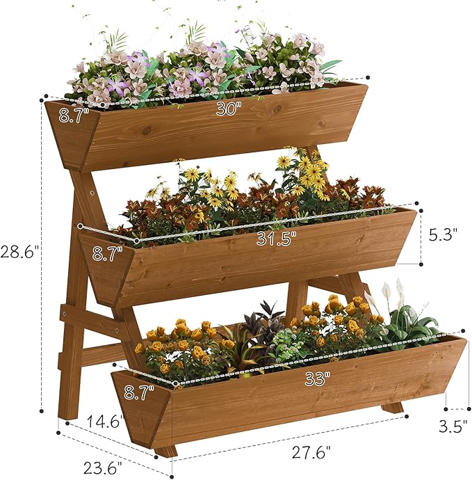Kitsanery 3-Tiers Wooden Raised Garden Bed,Wood Planter Box for Vegetable,Flower Rack,Flower Pot Stands,Indoor Outdoor Gardening Planting Beds (Brown, Large)