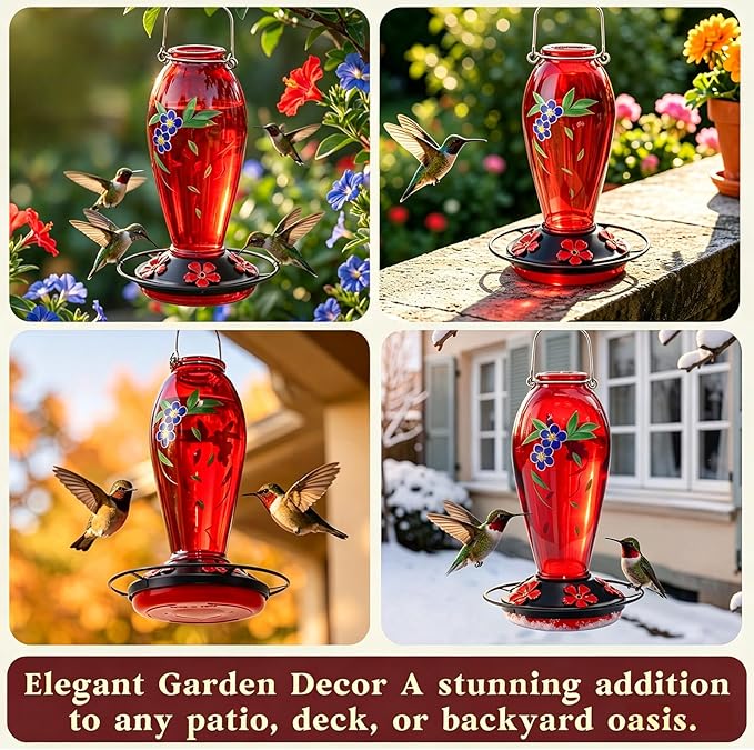 24 OZ Hummingbird Feeder for Outdoors Hanging, Heavy-Duty Thick Glass Humming Bird Feeder with Floral Decals, Leak-Resistant Metal Base with 5 Feeding Ports & Perch, Decorative Garden Deco(Red)