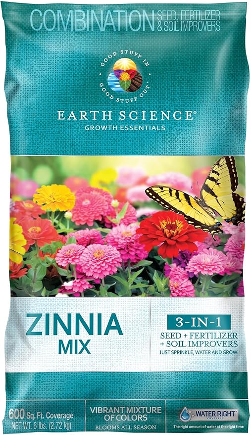 Earth Science Zinnia Wildflower Mix for 2026—6lb – 3-in-1 Seeds Plant Food & Soil Conditioner – Non-GMO Vibrant Flowers for Gardens Low Maintenance Attracts Pollinators – Covers 600 Sq Ft Eco-Friendly