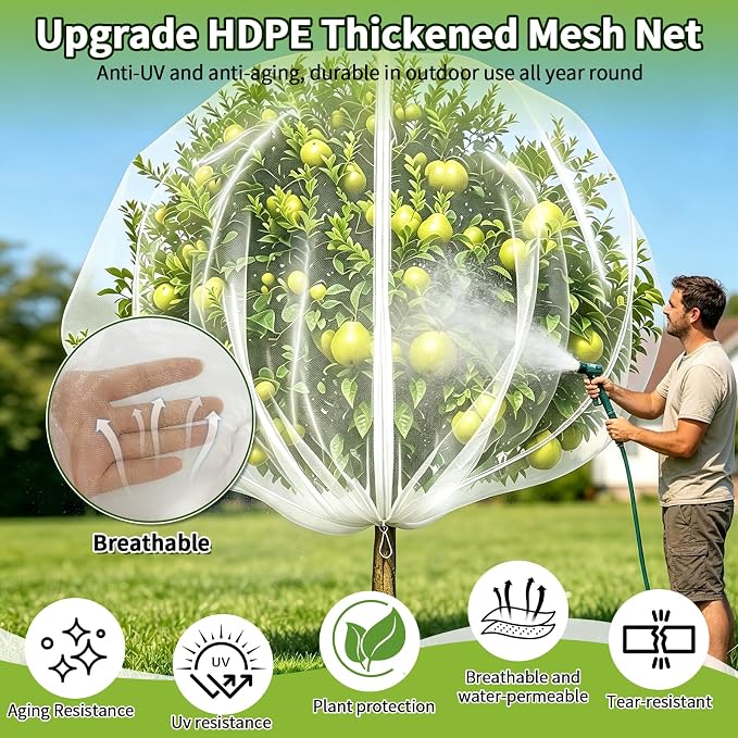 11.8×11.8FT Fruit Tree Netting with Zipper and Drawstring, Heavy Duty Garden Mesh Cover, Reusable Plant Protection Netting Against Birds, Squirrels, Cicadas and Insects