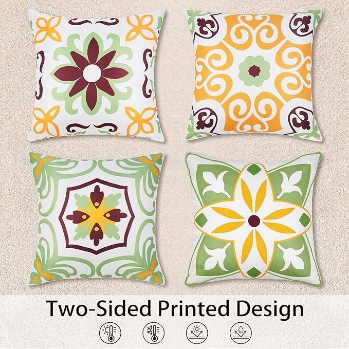 Pyonic Sage Green Outdoor Pillows Waterproof Throw Pillow Covers Set of 4 Floral Printed Spring Summer Outdoor Pillow Covers for Patio Funiture Garden 18x18 Inch