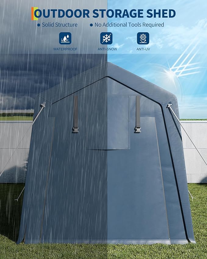 6X6 ft Heavy-Duty Portable Motorcycle Storage Shed with Roll-Up Door & Vent, 220g Waterproof PE Tarp & UV Protection, Motorcycle Shed for Motorcycles, Firewood, Garden Tools - Gray