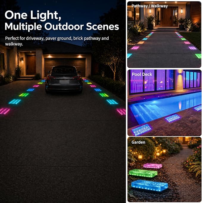 SHONELIGHTING Paver Lights, Solar 12-Color Outdoor Waterproof, In-Ground Brick LED for Driveway & Pathway, Hardscape Pavers, Heavy Duty, RGBW with Remote (2 Pack)