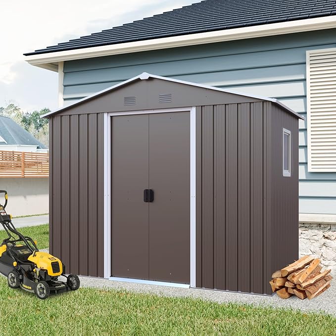 8x4 FT Outdoor Metal Storage Shed with Window, Galvanized Steel Garden Shed, Lockable Sliding Door, Sloped Roof, Ventilated Tool Storage House with Foundation Kit for Backyard Lawn, Gray