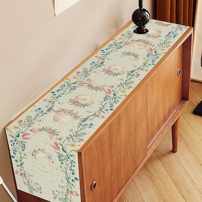 Floral Moon Table Runner, Boho Rustic Spring Flower Moon Phase Seasonal Mystical Gothic Coffee Table Center Decor for Family Kitchen and Living Room Outdoor Farmhouse Table Decorations, 13"x90"