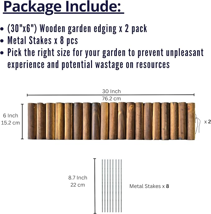 LaLaGreen Decorative Garden Edging Border (30"x6", 2 Pack) Small Brown Wooden Fence Panels with Metal Stakes, Flowers Bed Landscape Fencing for Lawn Yard Patio Pathway Outdoor Decor Tree Rings Barrier