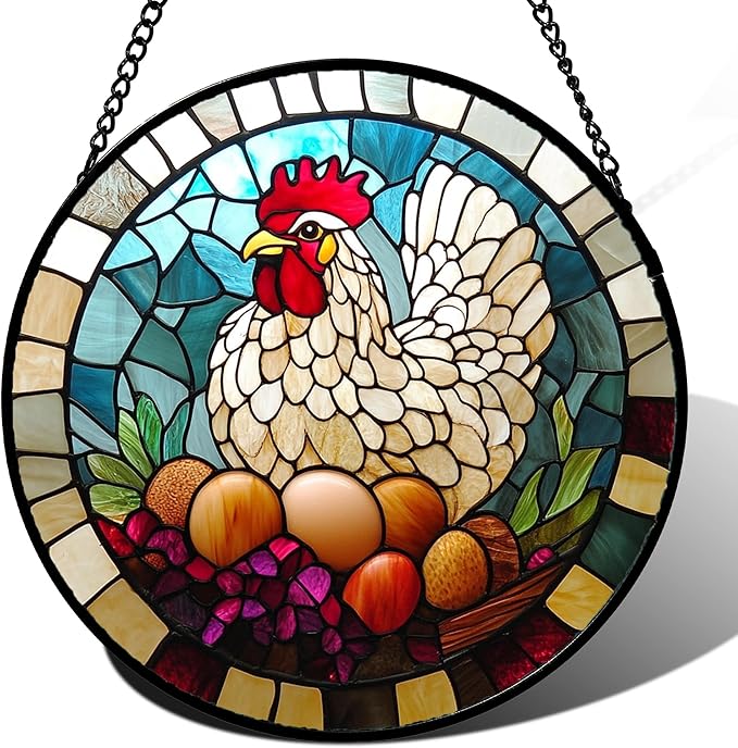 DASTOLL Stained Glass Window Hanging White Chicken Hatching Eggs 9.8" - Suncatcher Door Garden Sunroom Sun Catcher Home Decor Birthday Christmas for Mom Men Woman Nana