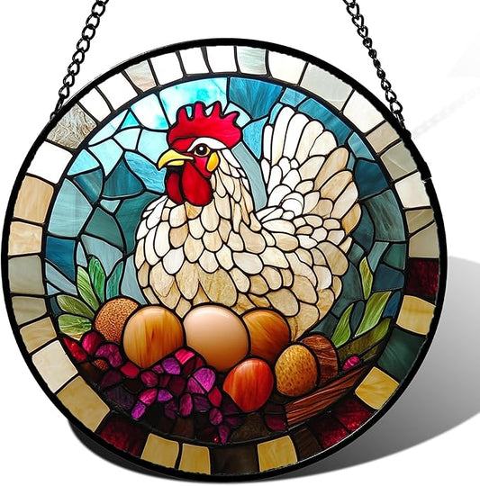 DASTOLL Stained Glass Window Hanging White Chicken Hatching Eggs 7.8" - Suncatcher Door Garden Sunroom Sun Catcher Home Decor Birthday Christmas for Mom Men Woman Nana