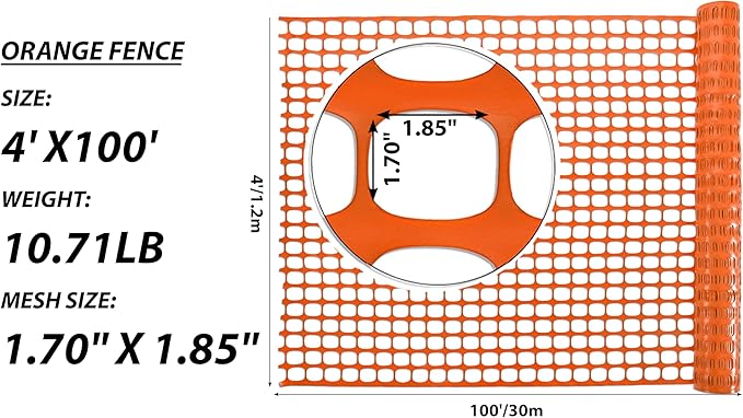 PotatoLife Plastic Mesh Fence Safety Fence, 4'x100' Roll with 100 Zip Ties, Resuable Temporary Netting for Garden Fencing, Construction, Snow Fencing, Animal Barrier, Poultry, Deer, Patio, Orange