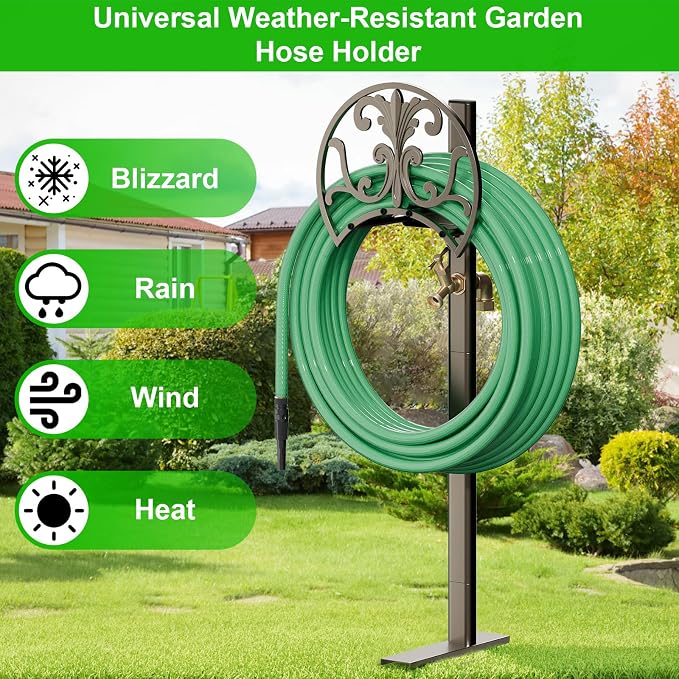 GOFORWILD Garden Hose Stand with Brass Faucet, Detachable Heavy Duty Water Hose Holder, Freestanding Metal Hose Reel Decorative Storage Hanger Holds 150-Feet Hose for Outside Patio Lawn Yard