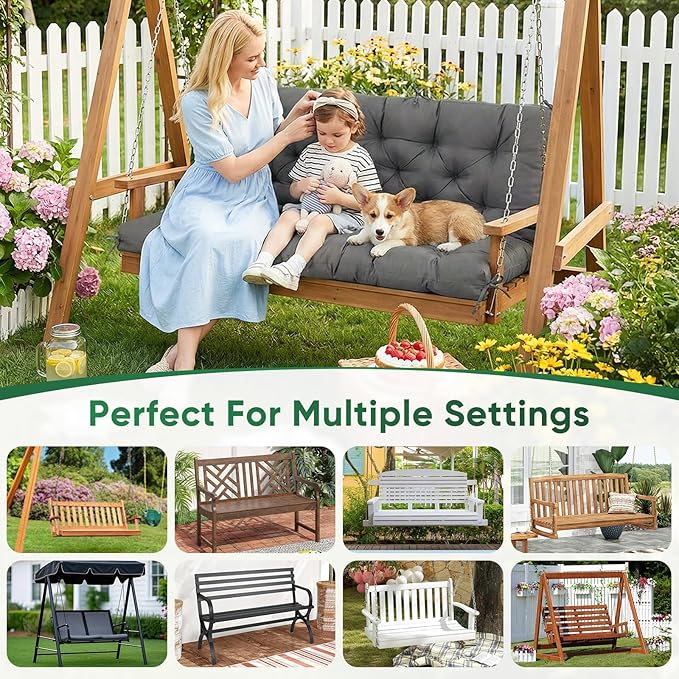 Porch Swing Cushions 60 Inch Waterproof,2 3-Seater Replacement for Outdoor Furniture with Backrest and Straps, Thick 4" Swing Seat Bench Cushion for Loveseat Glider Bench Patio Lawn Backyard