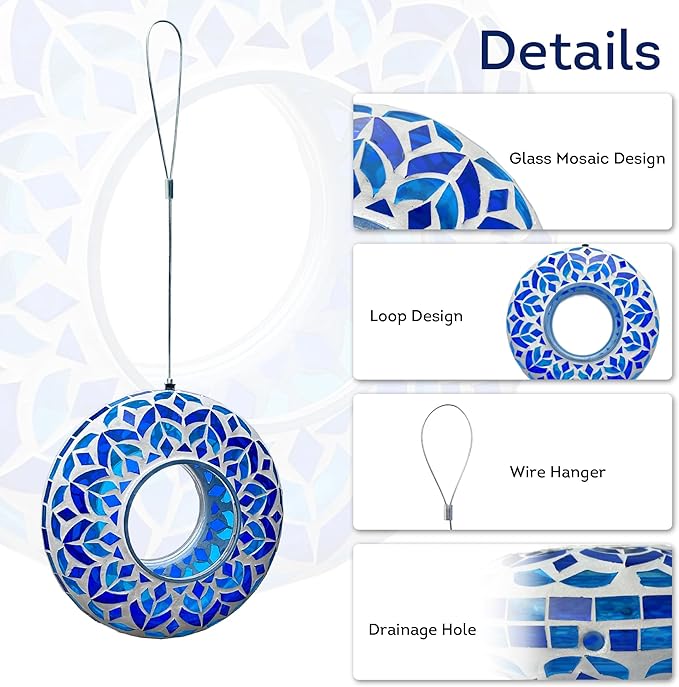 Lily's Home 8" Mosaic Hanging Bird Feeder with 10" Wire - Bird Feeders for Outdoors - Ideal Garden Decor - Easy to Fill and Hang - Perfect for Backyard Wild Birds- Fly-Through Access
