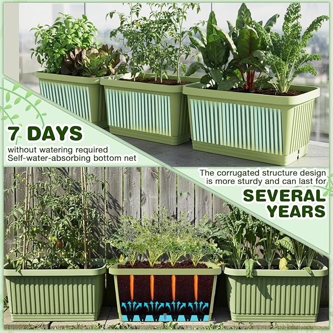 3 Pcs Large Planter Boxes Deep Rectangular Planter Boxes Outdoor Lightweight Plastic Planting Flower Pot with Drainage Holes Plant Pot for Patio, Courtyard, Lawn, Outdoor(Green,20 Inches)